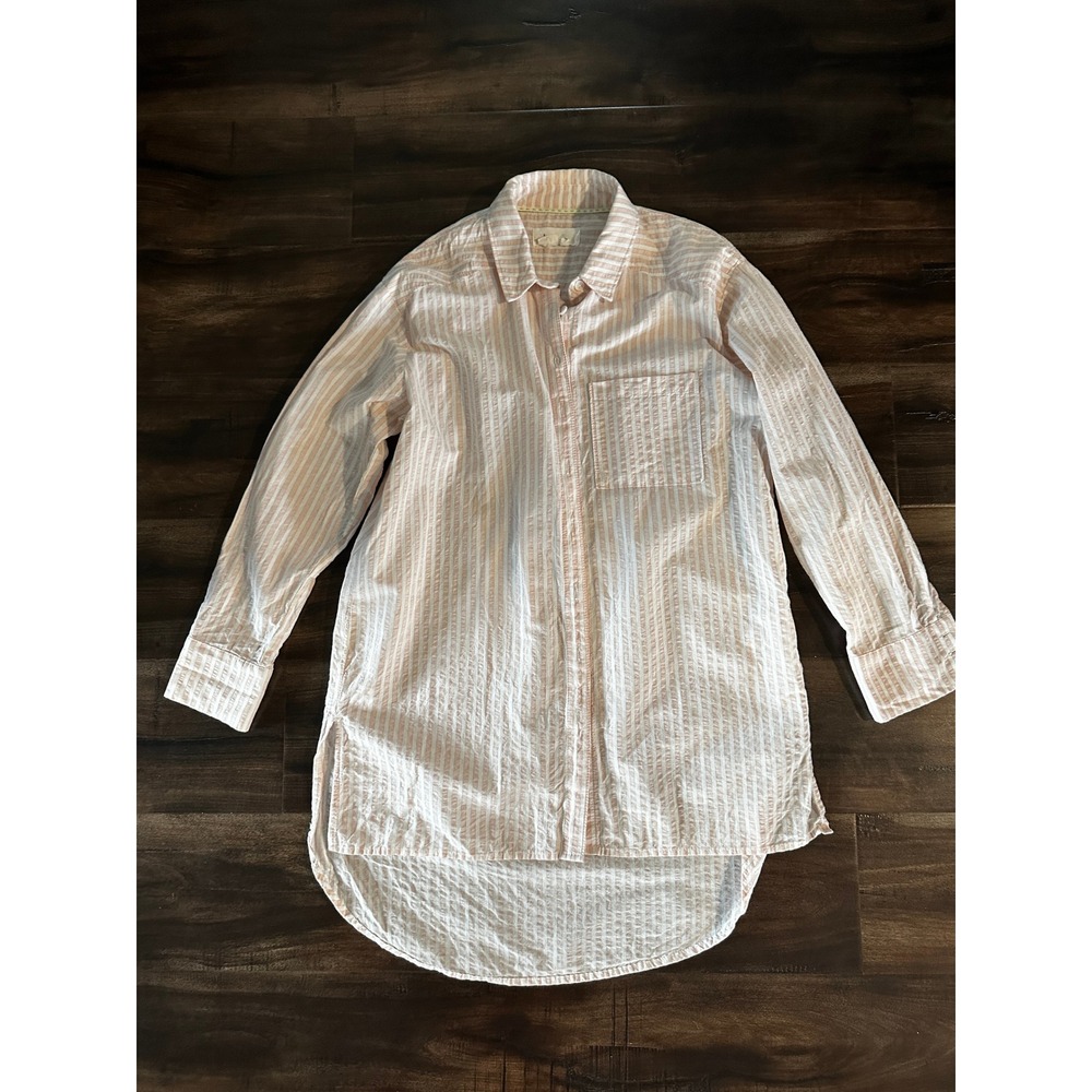 Anthropologie Striped High Low Button Down Tunic Shirt Peach White XS